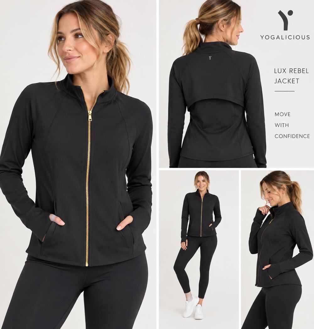 Yogalicious Lux Rebel Jacket Women XL Black Gold Zip Activewear NWT $88